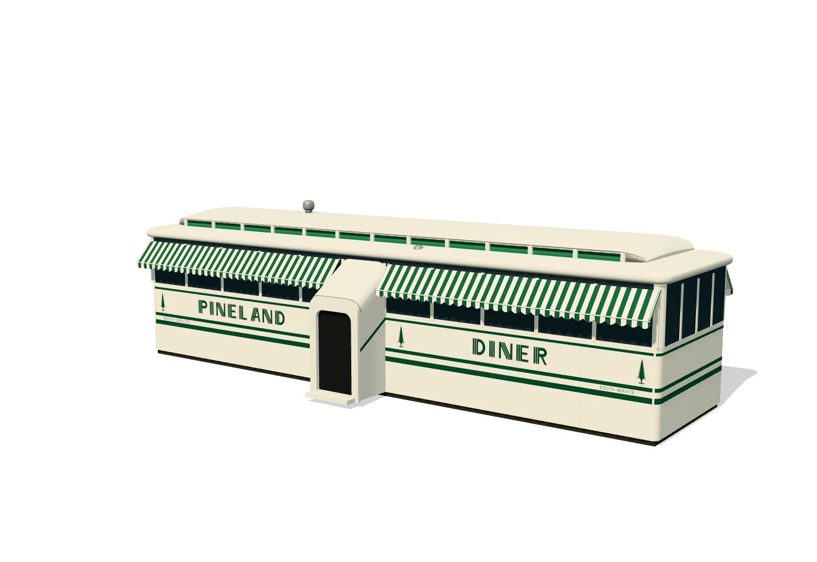 A model of the Pineland dining car: white enamel sides lettered PINELAND and DINER, green and white striped awnings and a row of green glass windows along the roof