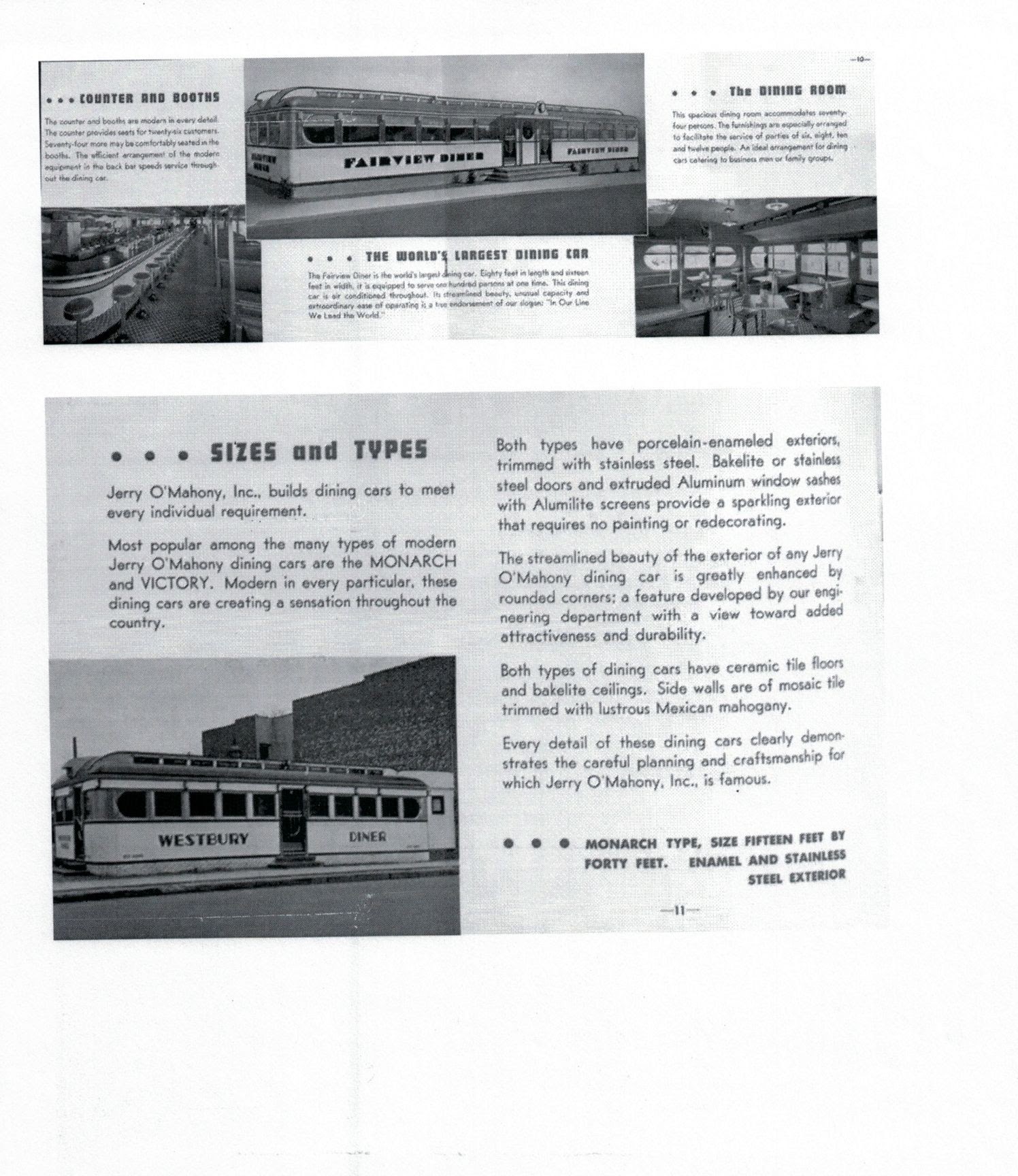 Catalog page titled Sizes and Types, with a photo of a Monarch type diner