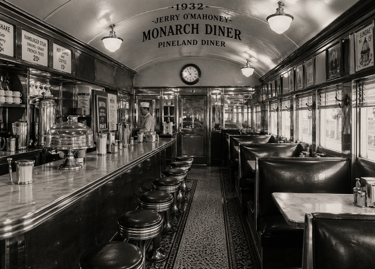 Black and white photo down the length of the diner car, under a sign reading 1932 Jerry O’Mahoney Monarch Diner, Pineland Diner